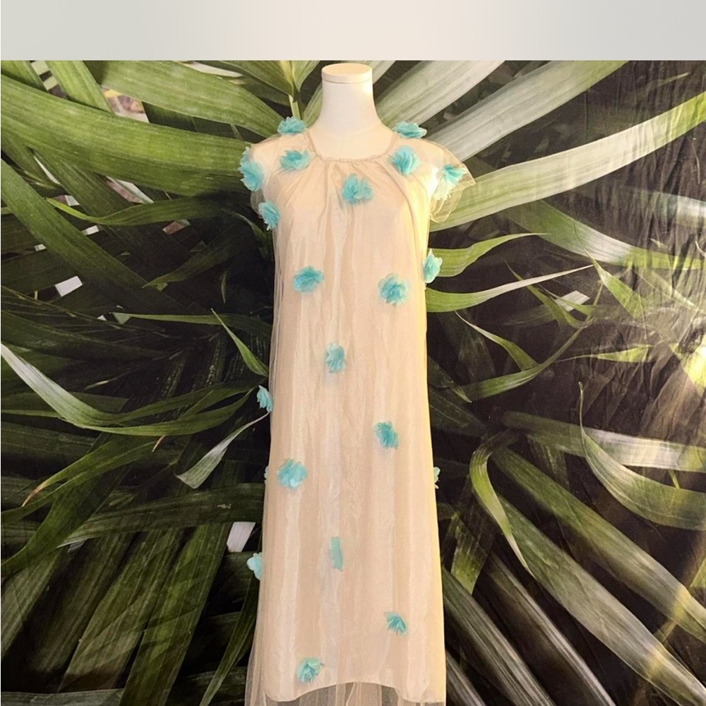 Cream and Blue Midi Sundress with Spaghetti Straps - Picture 6 of 7